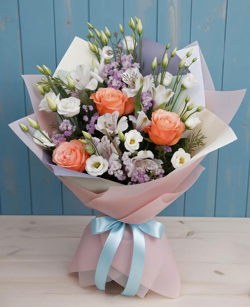 Букет цветов из: Лизиантусы, Розы, Альстромерии и Гипсофила в Разумном