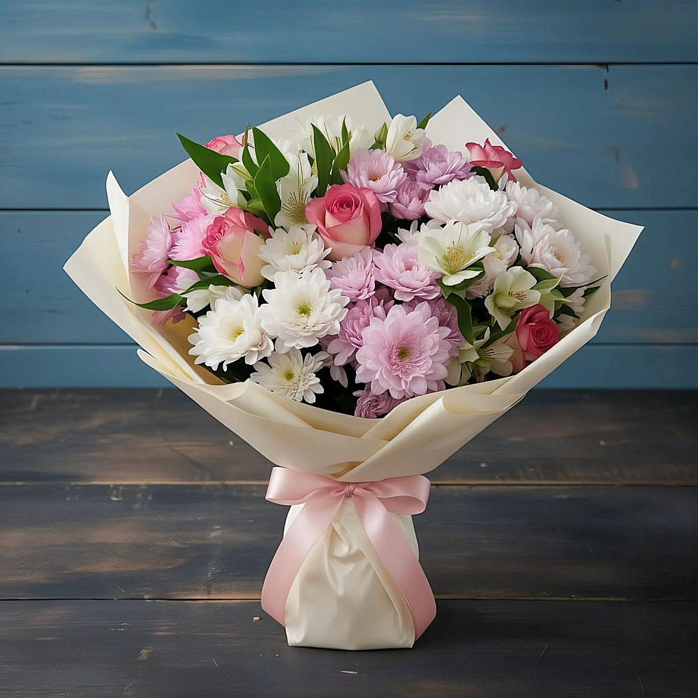 Букет цветов из: Хризантемы, Альстромерии и Розы в Разумном